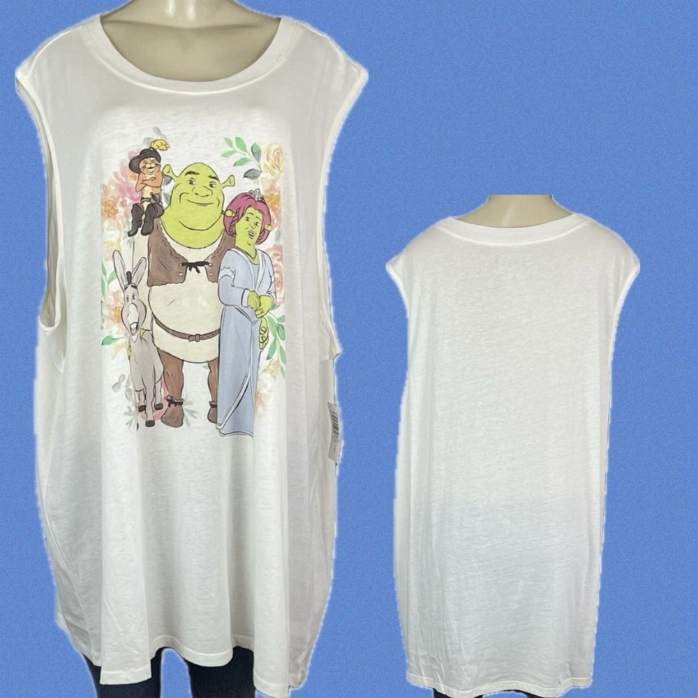 Dreamworks 4X Cream White Shrek Fiona Donkey Character Graphic Muscle Tank Top
